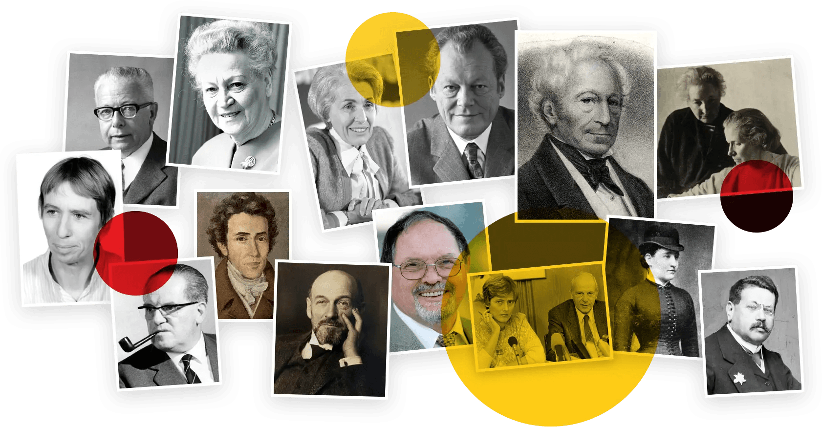 Collage aus etwa 15 historischen Porträtfotos und -gemälden verschiedener Persönlichkeiten aus unterschiedlichen Epochen, auf schwarzem Hintergrund mit gelben und roten grafischen Kreiselementen. Die Aufnahmen reichen vom 19. Jahrhundert bis in die zweite Hälfte des 20. Jahrhunderts und zeigen Männer und Frauen in Schwarz-Weiß- sowie Farbfotografie. Es handelt sich um eine gestalterische Übersicht historischer Persönlichkeiten, vermutlich im Kontext einer Ausstellung oder Publikation.