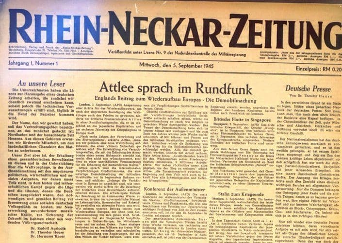 Titelseite der Erstausgabe der Rhein Neckar Zeitung vom 5. September 1945Titelseite der Erstausgabe der Rhein Neckar Zeitung vom 5. September 1945.
