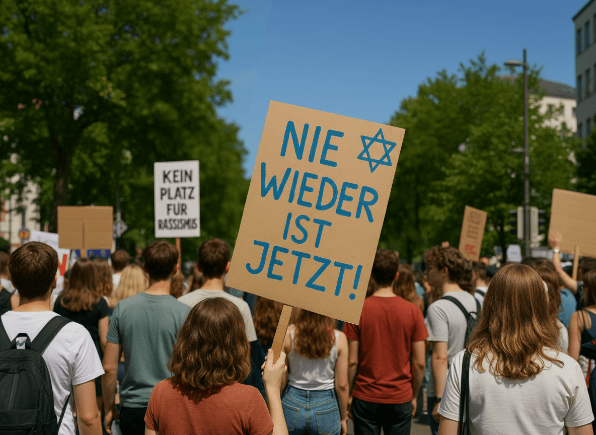 Teilnehmende einer Demonstration halten Schilder mit der Aufschrift ‚Nie wieder ist jetzt!‘ und ‚Kein Platz für Rassismus‘ hoch. Ein starkes visuelles Zeichen für Zivilcourage, Solidarität und den Einsatz gegen Antisemitismus und Ausgrenzung.