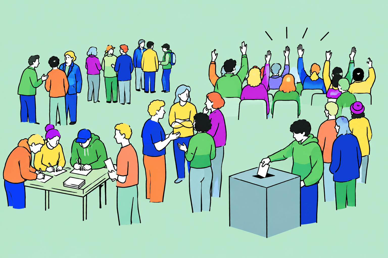 Illustration mit vielen Menschen. Sie disktieren, wählen und stimmen ab.