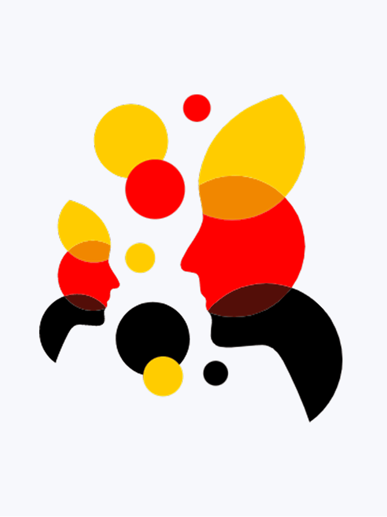 Abstrakte Grafik zweier Gesichtsprofile, die aus überlappenden Kreisen und Formen in den Farben Schwarz, Rot und Gold zusammengesetzt sind.