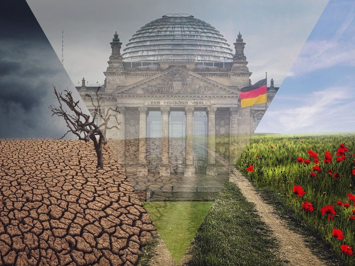 Bildkombination dürre Landschaft, Reichstagsgebäude, blühende Landschaft